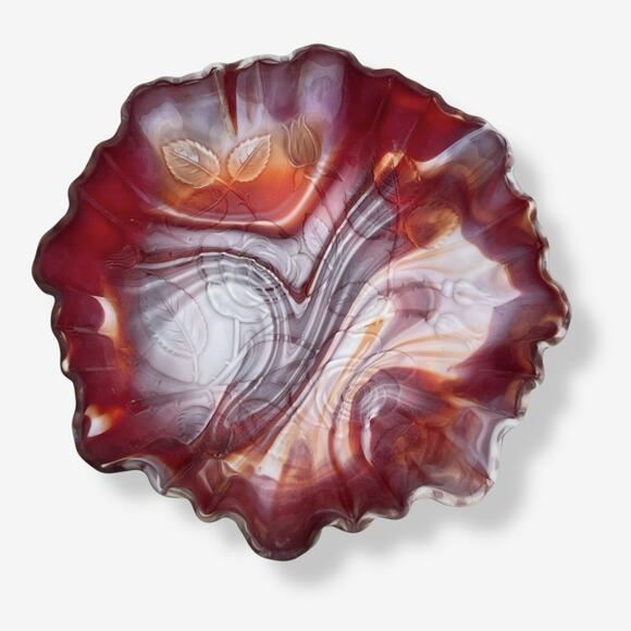 Imperial Glass Red Slag Bowl Crimped Edge Roses Marbled Swirl Colors 60s Vtg 9" - Picture 2 of 16